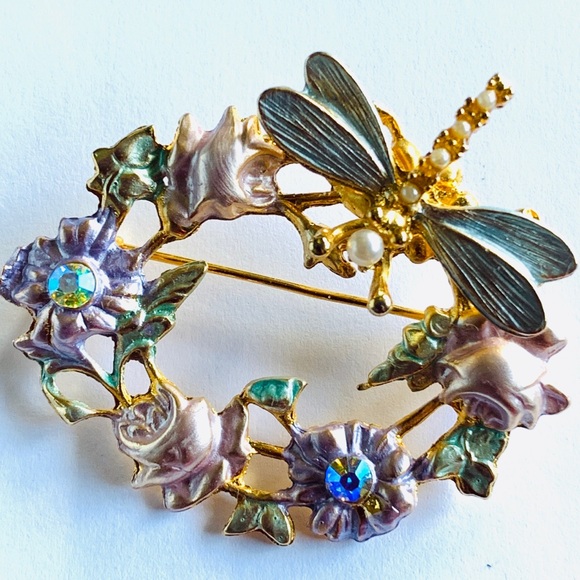 Dragonfly Flower Pin w/ faux pearls, rhinestones - Picture 1 of 6
